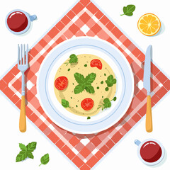 Trendy flat-lay meal composition in retro style. Perfect for food branding, cooking apps, web banners and editorial design