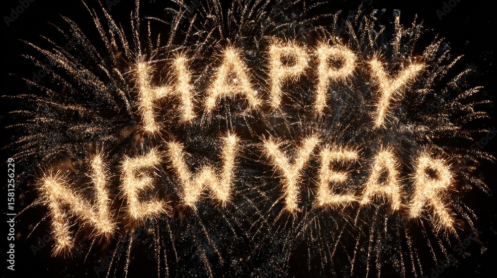 Poster a firework display with the words happy new year written in the middle. the fireworks are lit up in 