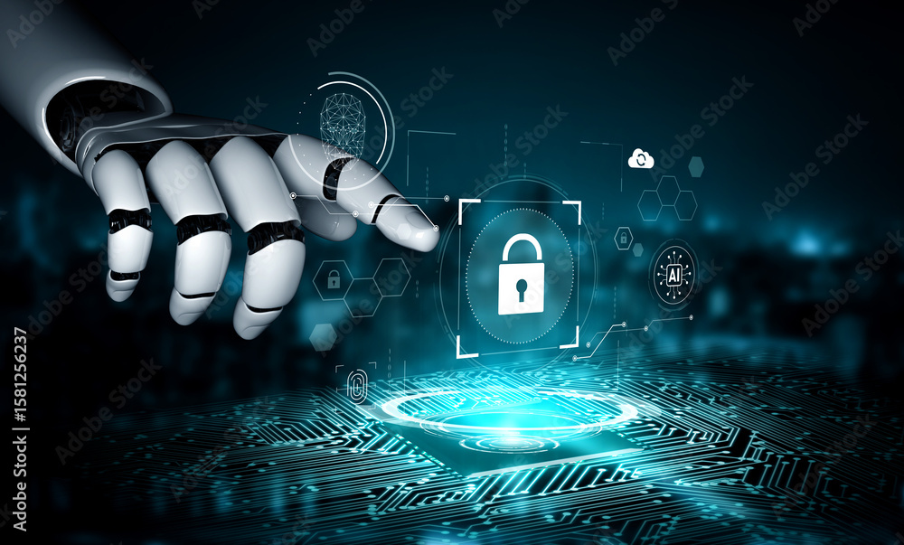 Poster ai monitoring cybersecurity, verifying biometric access, analyzing identity patterns, and securing d