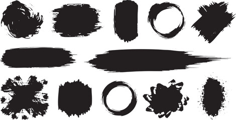 Collection of diverse black ink brush strokes and splatters isolated on white background isolated on transparent background silhouette