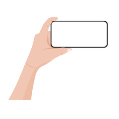 Hand holding smartphone with blank screen isolated on white background. Vector illustration.
