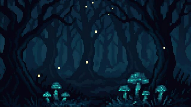 pixel art mysterious forest with glowing mushrooms and fireflies creating a magical and eerie atmosphere in dark blue and black tones