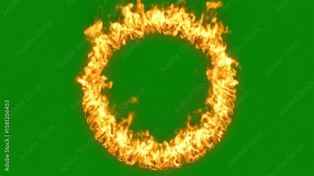 Poster fiery ring animation: burning circle on green screen for visual effects and compositing