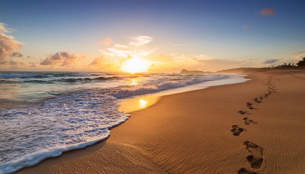 a serene beach sunset with waves crashing on the shore and footprints in the sand highlighting nature s beauty and tranquility
