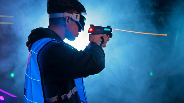 Young man playing laser tag with futuristic gear in neon blue atmosphere, demonstrating focus and strategy in immersive game environment