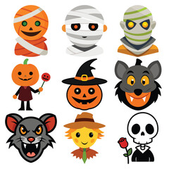 Collection of cute cartoon halloween characters and symbols