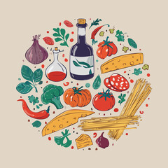 Trendy round doodle with classic Italian cuisine. Great for stickers, cards, cookbooks, home décor and restaurant illustrations