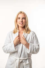 Woman in Bathrobe Standing with Hand on Hip