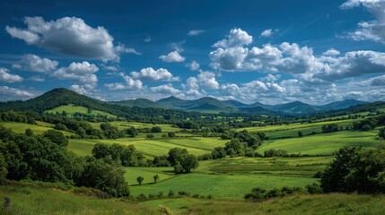 Naklejka premium A large, open field with a clear blue sky and a few clouds. The sky is dotted with clouds, and the sun is shining brightly. The field is lush and green, with trees scattered throughout
