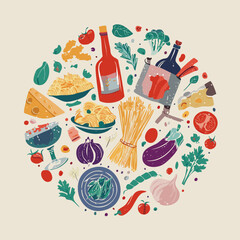 Trendy round doodle with classic Italian cuisine. Great for stickers, cards, cookbooks, home décor and restaurant illustrations