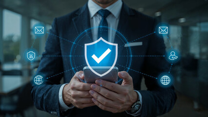 Empowered businessman securing data with advanced mobile security featuring bright blue futuristic