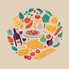 Trendy round doodle with classic Italian cuisine. Great for stickers, cards, cookbooks, home décor and restaurant illustrations