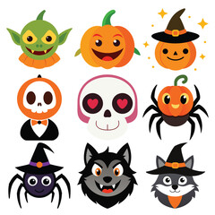 Collection of cute and spooky halloween characters with pumpkins and spiders