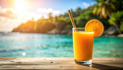 Freshly squeezed juice inside a halved orange with a bamboo straw, turquoise water and sun reflections in the background, bright and contrasty photo.