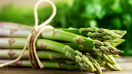 Fresh green asparagus bundle tied with rope on wooden table with blurred leafy greens background in natural light - Powered by Adobe