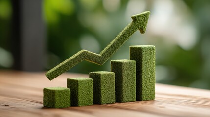 A green arrow is pointing upwards and is surrounded by green blocks. The blocks are stacked on top of each other, creating a sense of growth and progress. Concept of positive change and development