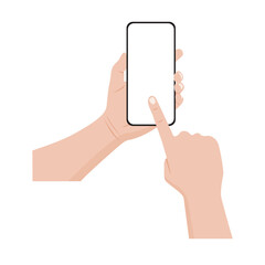 Hand holding smartphone with blank screen isolated on white background. Vector illustration.