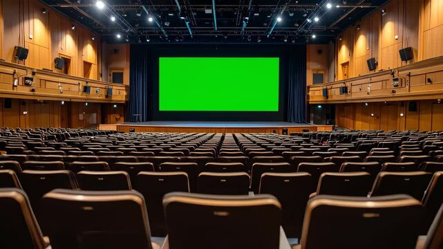 Empty Auditorium with Green Screen Ready for Film Premiere