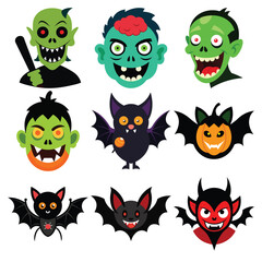 Collection of spooky halloween characters featuring zombies bats and a devil