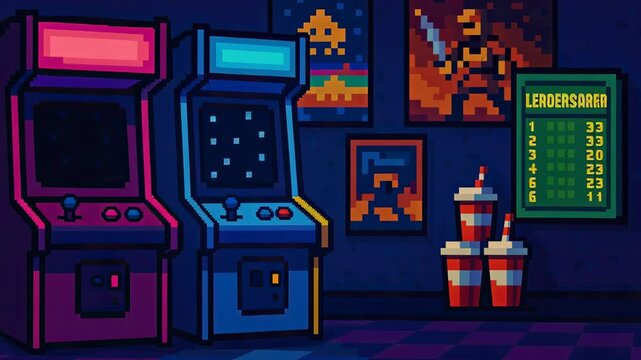 retro arcade room with vintage game machines and leaderboard on wall, neon colors, nostalgic gaming atmosphere, pixel art style, drinks on floor