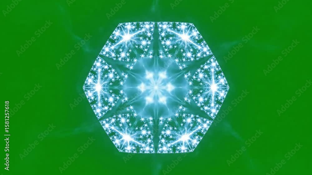 Poster pulsating hexagonal star fractal on green background: abstract geometric animation