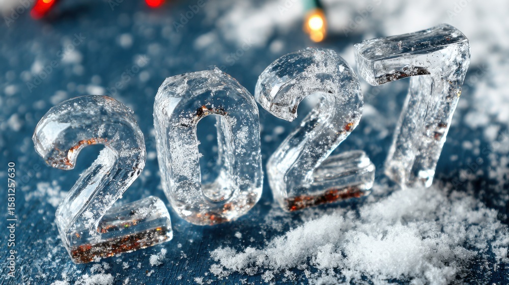 Poster a blue background with a snow-covered surface. the letters 