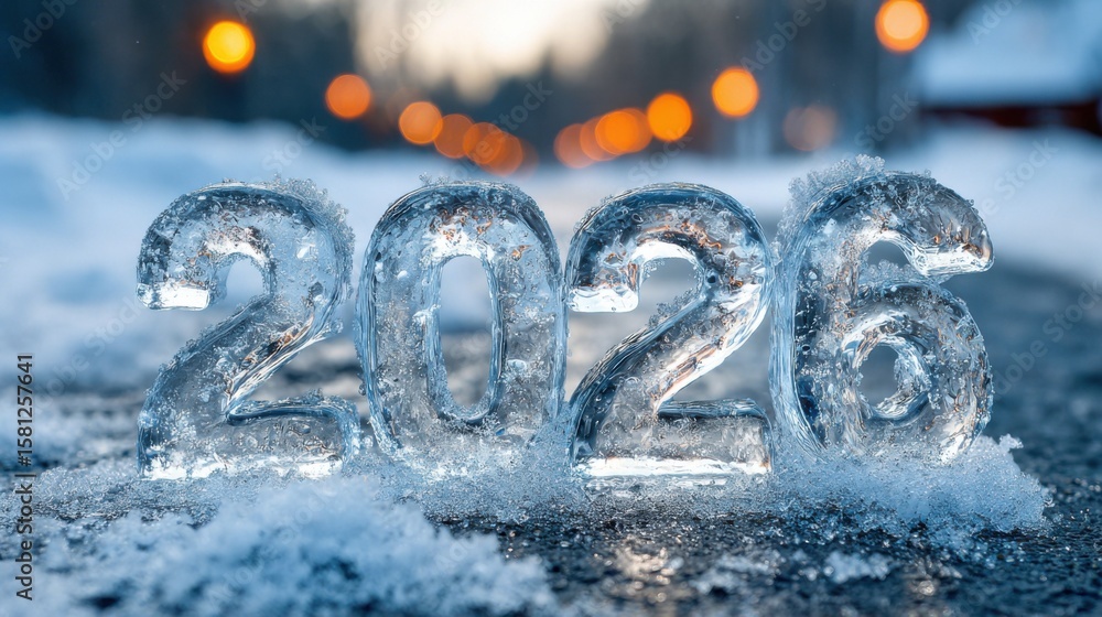Poster a large block of ice with the numbers 2026 written on it. the ice block is surrounded by snow, creat