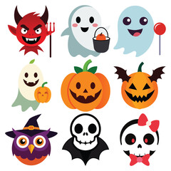 Cute halloween characters collection with ghosts pumpkins and a devil