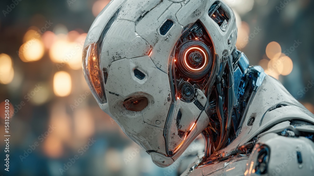 Poster a robot with glowing eyes and a metallic body stands in front of a cityscape. the robot's design and