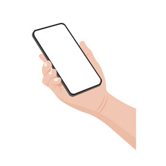 Hand holding smartphone with blank screen isolated on white background. Vector illustration.