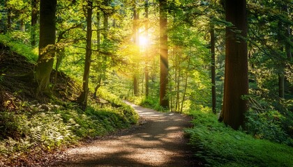 narrow path winding through lush summer forest illuminated by ultrabright sunlight filtering through leaves