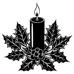 Black and white illustration of a christmas candle with holly and berries