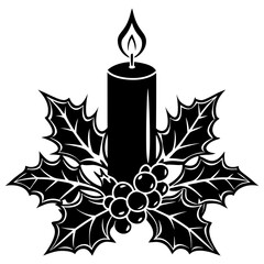 Black and white illustration of a christmas candle with holly and berries