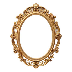 An ornate, antique gold oval picture frame with intricate carvings and embellishments isolated on transparent background