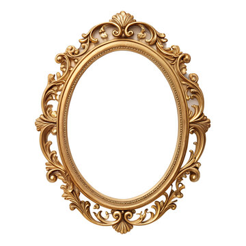 An ornate, antique gold oval picture frame with intricate carvings and embellishments isolated on transparent background