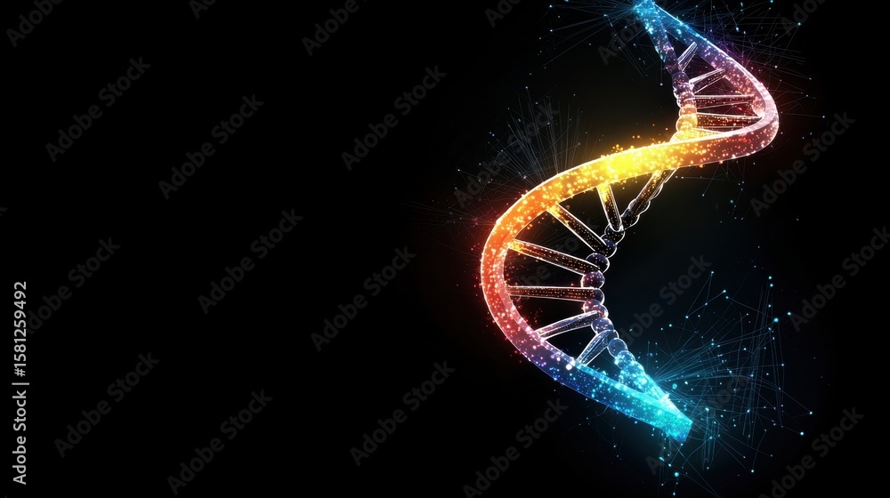 Poster innovation dna helix abstract double helix design with colorful lights and tech elements, representi
