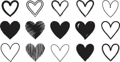 Collection of fifteen diverse hand drawn heart shapes isolated on white background isolated on transparent background silhouette