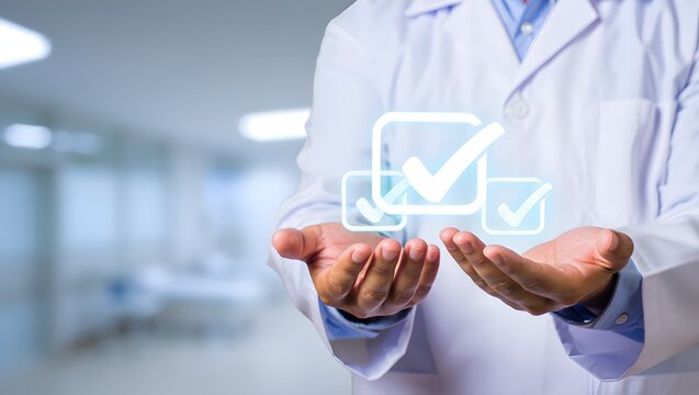 Gloved hand checking off a checklist in a laboratory representing quality control and precision in scientific research quality assurance, and laboratory work.