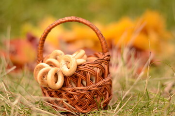 Russian bagels in a basket in autumn