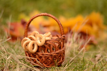 Russian bagels in a basket in autumn