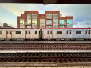 Elevated Subway Train and Apartment Building (Queens, New York, USA )