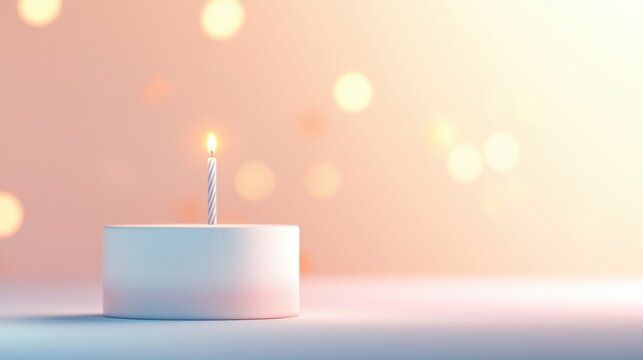 Minimalist Birthday Theme A simple white cake with a single candle, set on a plain background with soft shadows for a clean and modern look.