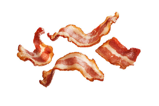 Delicious bacon strips against a black backdrop. Meat cut shows crispiness of edges and fat marbling, suitable for breakfast or recipe imagery.