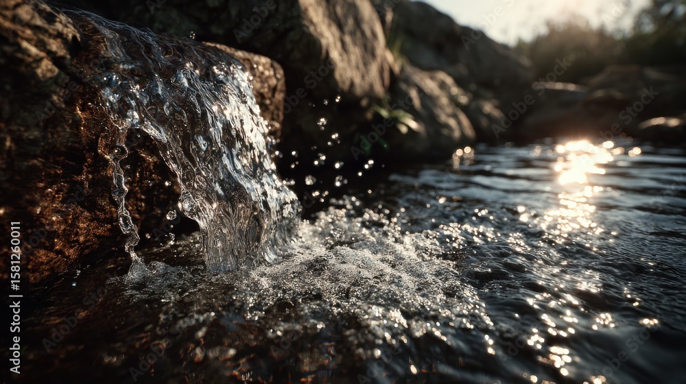 Poster a rock is in the middle of a stream of water. the water is flowing over the rock and creating a smal