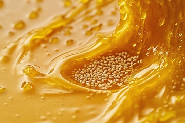 Close Up Of Honey Pouring Over Sesame Seeds