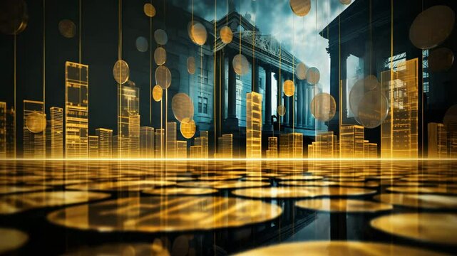  A fusion of images featuring financial graphs, stock market displays, and neatly stacked rows of coins presented in a double exposure effect&mdash;visually conveying the core concepts of finance 4K