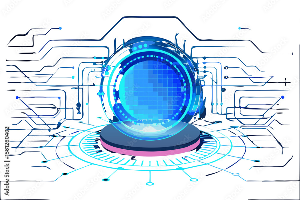 Poster futuristic digital sphere with glowing blue circuits and data streams on black background
