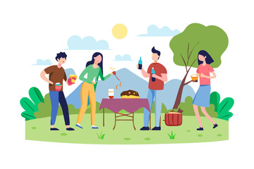 Naklejka premium Diverse group of friends enjoying a picnic with food and drinks