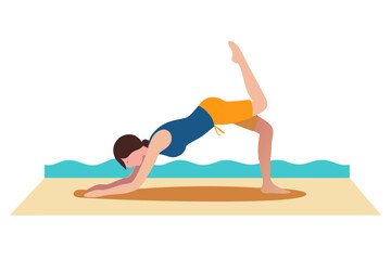 Woman practicing yoga on a mat at the beach in a bridge pose