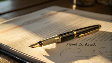 Elegant Fountain Pen Resting on Signed Contract Agreements and Business Transactions 